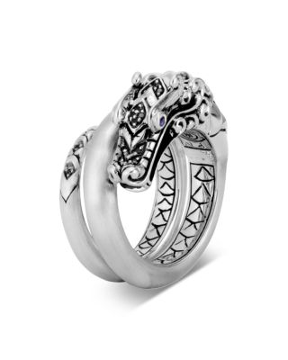 JOHN HARDY - Sterling Silver Legends Naga Black Spinel & Blue Sapphire Eyes Ring With Brushed Finish