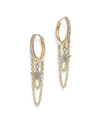 Meira T - 14K Yellow and White Gold Pav&eacute; Diamond Star Hoop Earrings