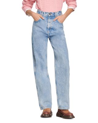 Sandro - Holiday Rhinestone Detail Straight Leg Jeans in Light Blue Jean
